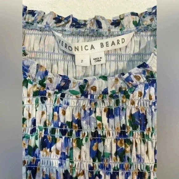 Veronica Beard Size 2 Blue & Green Cotton Abstract Ruffle Cap Sleeve Mini Dress - Picture 4 of 12